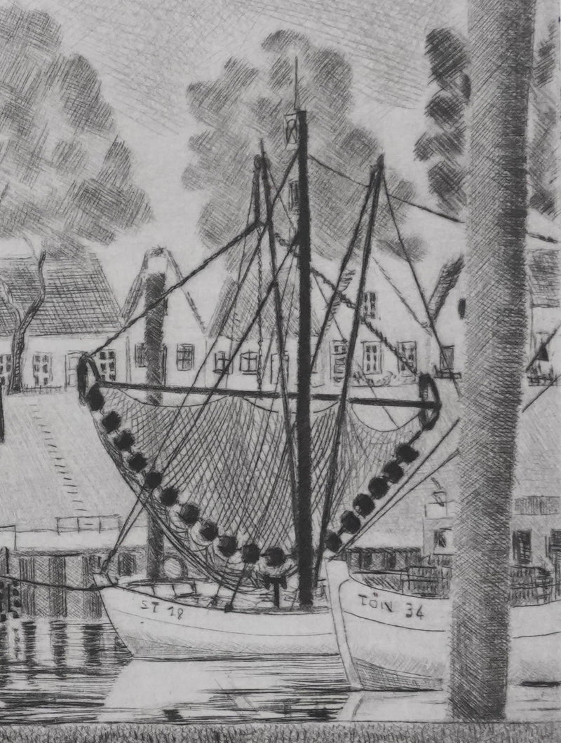 Camille COMBE : Tönning les pêcheurs sont rentrés, Gravure originale signée