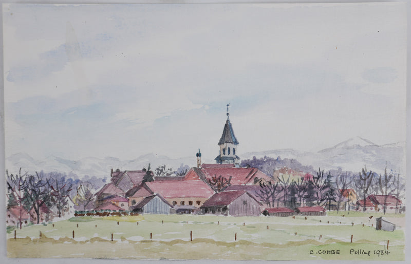 Camille COMBE : Vue sur les toits roses, Aquarelle originale signée