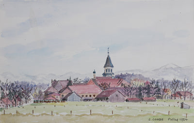 Camille COMBE : Vue sur les toits roses, Aquarelle originale signée