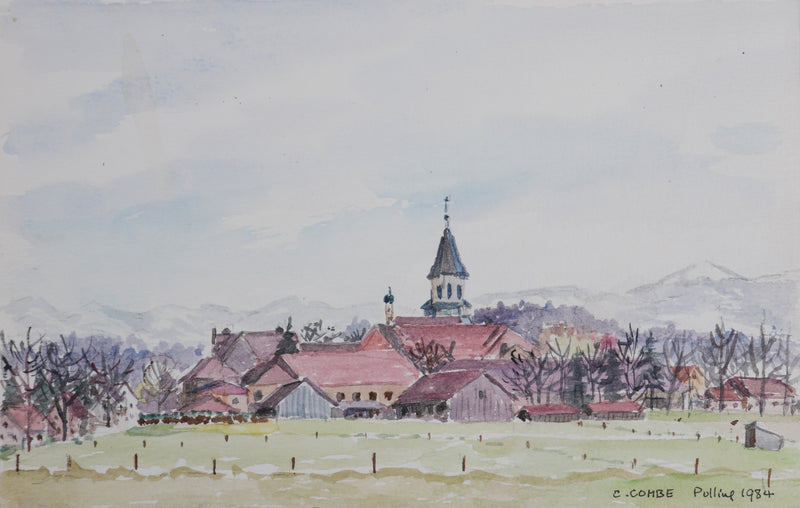 Camille COMBE : Vue sur les toits roses, Aquarelle originale signée
