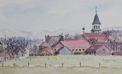 Camille COMBE : Vue sur les toits roses, Aquarelle originale signée