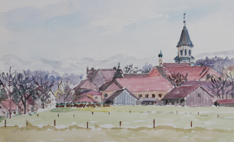 Camille COMBE : Vue sur les toits roses, Aquarelle originale signée
