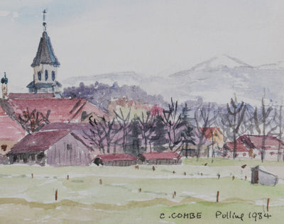 Camille COMBE : Vue sur les toits roses, Aquarelle originale signée