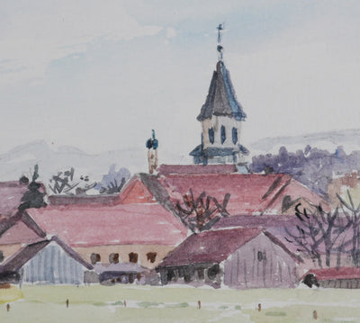 Camille COMBE : Vue sur les toits roses, Aquarelle originale signée