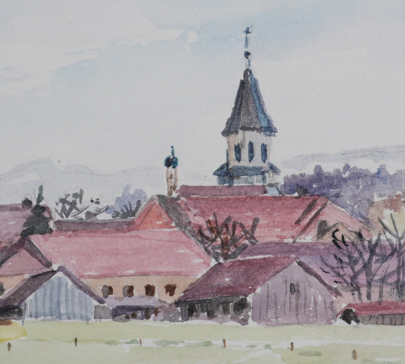 Camille COMBE : Vue sur les toits roses, Aquarelle originale signée