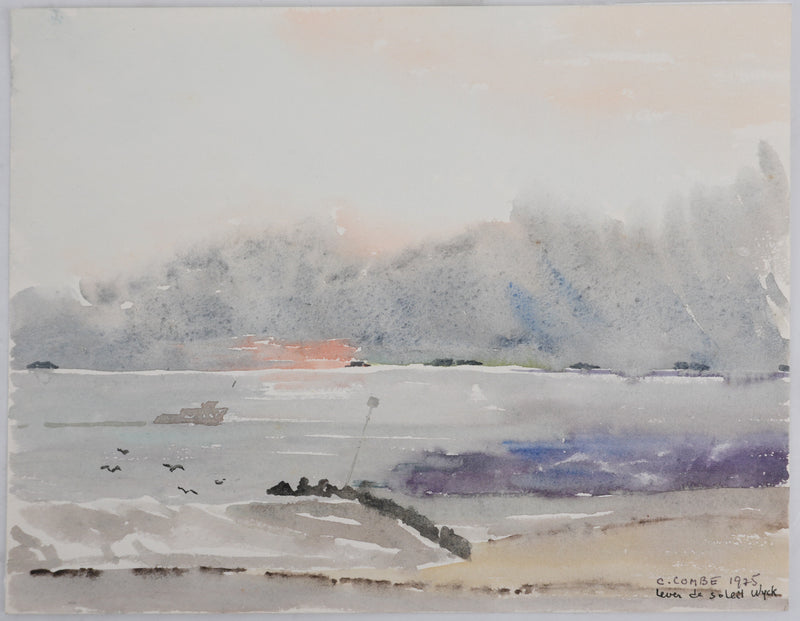 Camille COMBE : Lever de soleil Wyck, Aquarelle originale signée