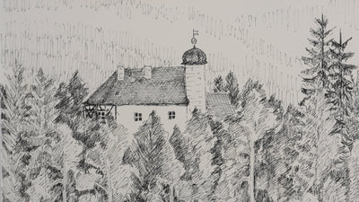 Camille COMBE : Le manoir au milieu des arbres, Dessin original signé