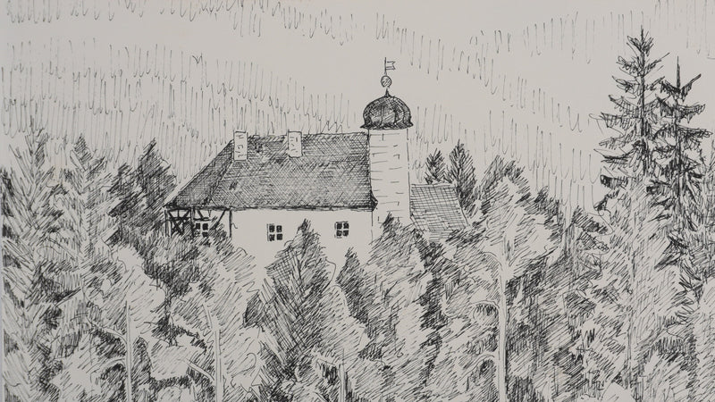 Camille COMBE : Le manoir au milieu des arbres, Dessin original signé