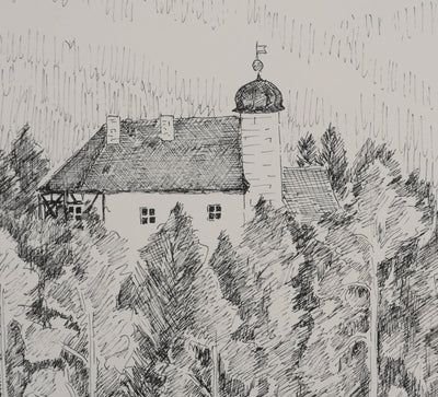 Camille COMBE : Le manoir au milieu des arbres, Dessin original signé