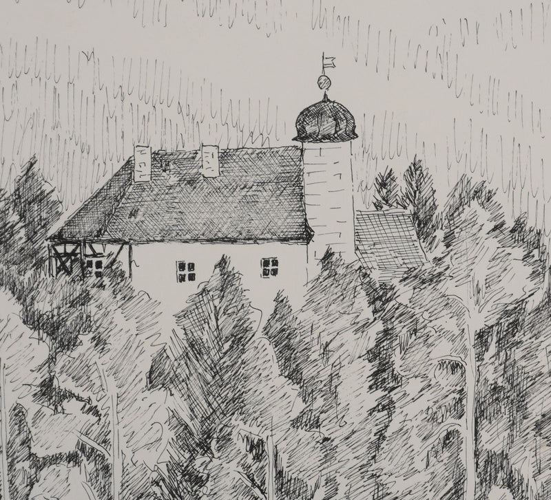 Camille COMBE : Le manoir au milieu des arbres, Dessin original signé