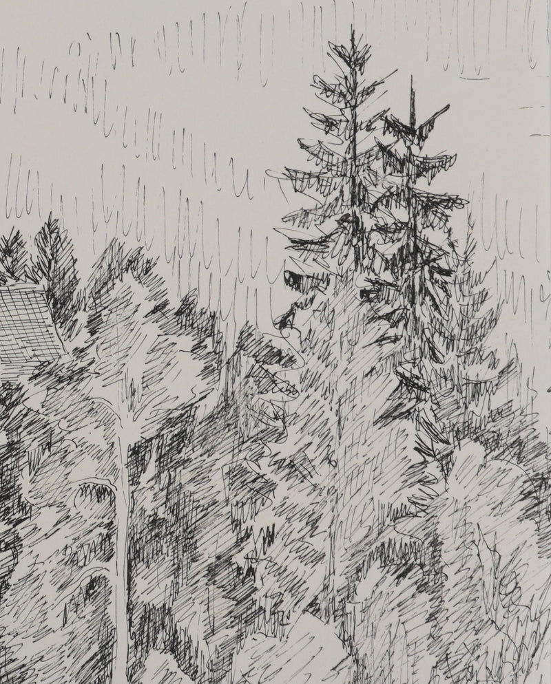 Camille COMBE : Le manoir au milieu des arbres, Dessin original signé