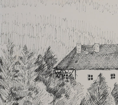 Camille COMBE : Le manoir au milieu des arbres, Dessin original signé