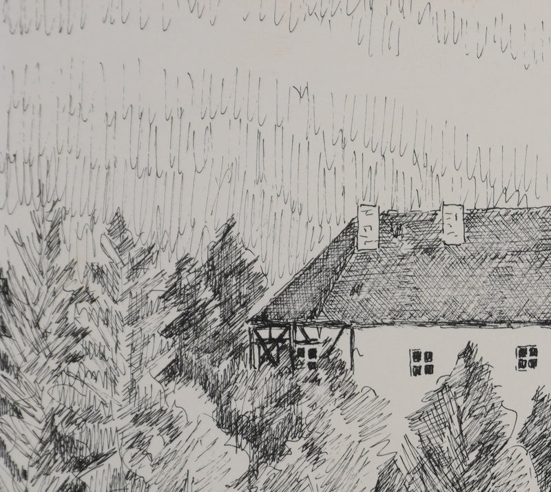 Camille COMBE : Le manoir au milieu des arbres, Dessin original signé