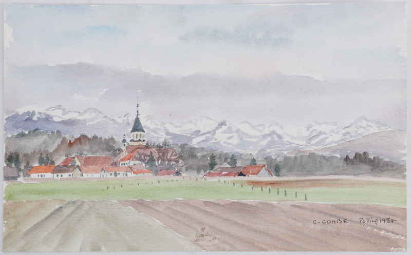 Camille COMBE : Le village sous la montagne, Aquarelle originale signée