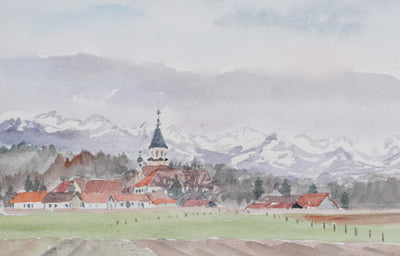 Camille COMBE : Le village sous la montagne, Aquarelle originale signée