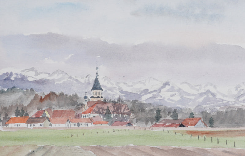 Camille COMBE : Le village sous la montagne, Aquarelle originale signée