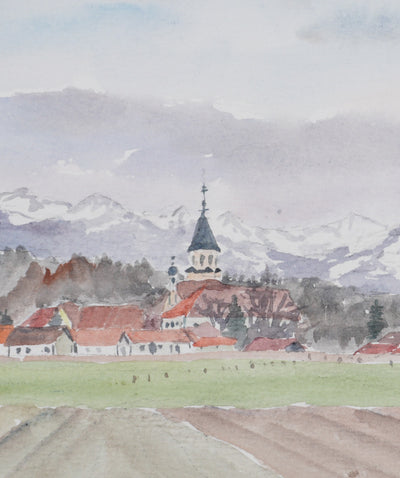 Camille COMBE : Le village sous la montagne, Aquarelle originale signée