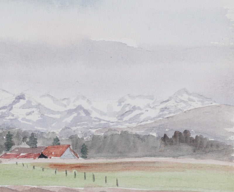 Camille COMBE : Le village sous la montagne, Aquarelle originale signée