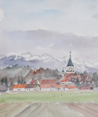 Camille COMBE : Le village sous la montagne, Aquarelle originale signée
