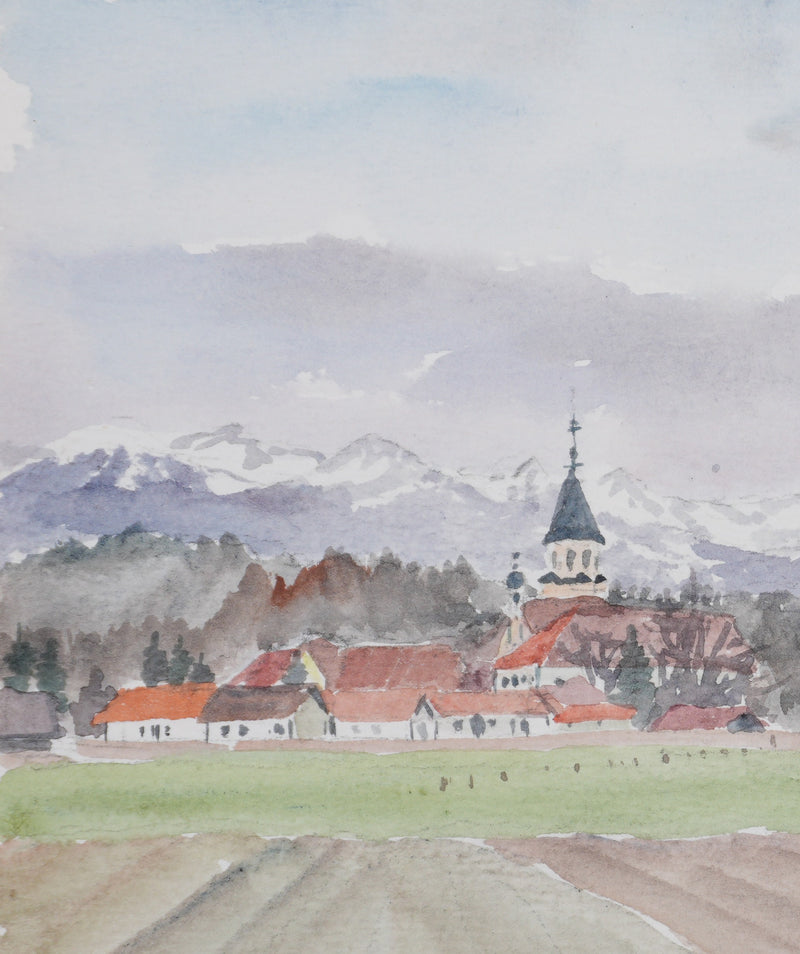 Camille COMBE : Le village sous la montagne, Aquarelle originale signée