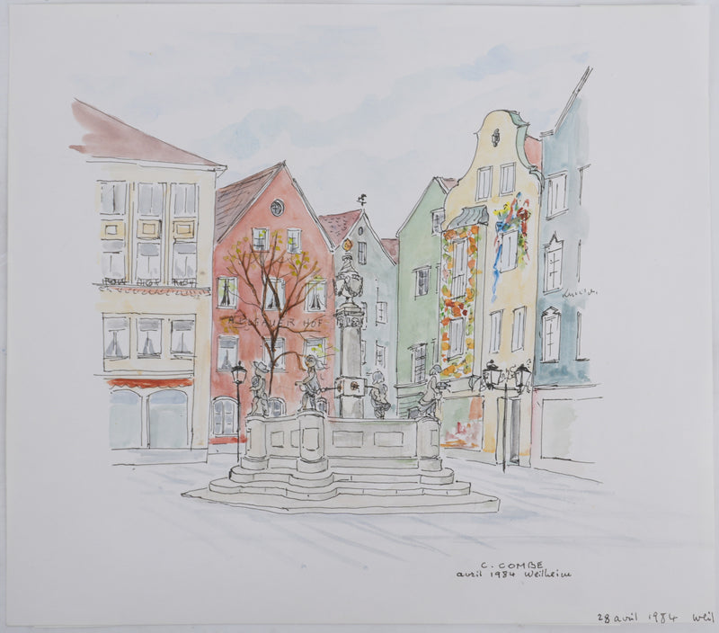 Camille COMBE : La place de la fontaine, Dessin original signé