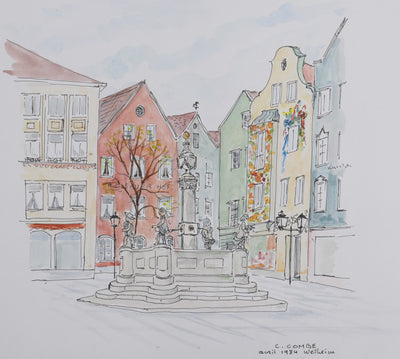 Camille COMBE : La place de la fontaine, Dessin original signé