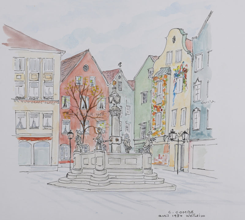 Camille COMBE : La place de la fontaine, Dessin original signé