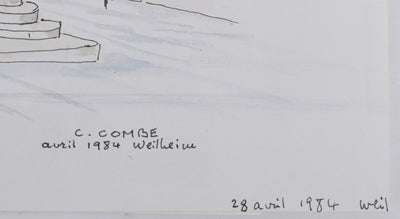 Camille COMBE : La place de la fontaine, Dessin original signé