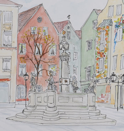 Camille COMBE : La place de la fontaine, Dessin original signé