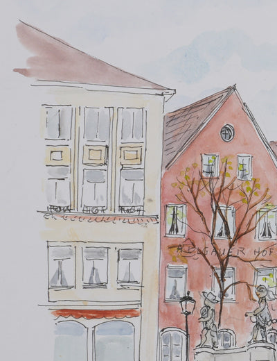 Camille COMBE : La place de la fontaine, Dessin original signé