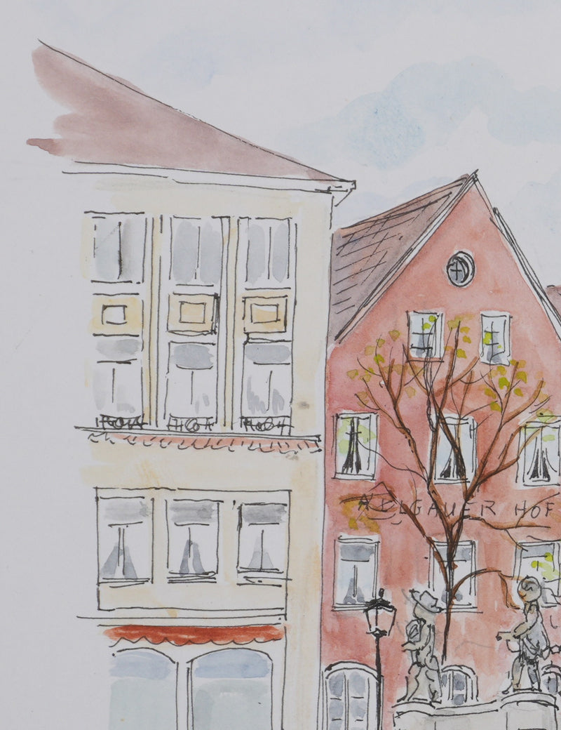 Camille COMBE : La place de la fontaine, Dessin original signé