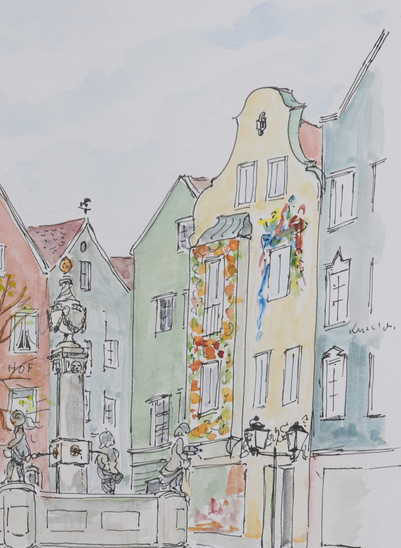 Camille COMBE : La place de la fontaine, Dessin original signé