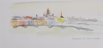 Camille COMBE : La ville aux ponts, Aquarelle originale signée