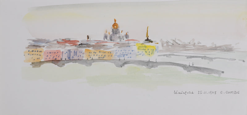 Camille COMBE : La ville aux ponts, Aquarelle originale signée