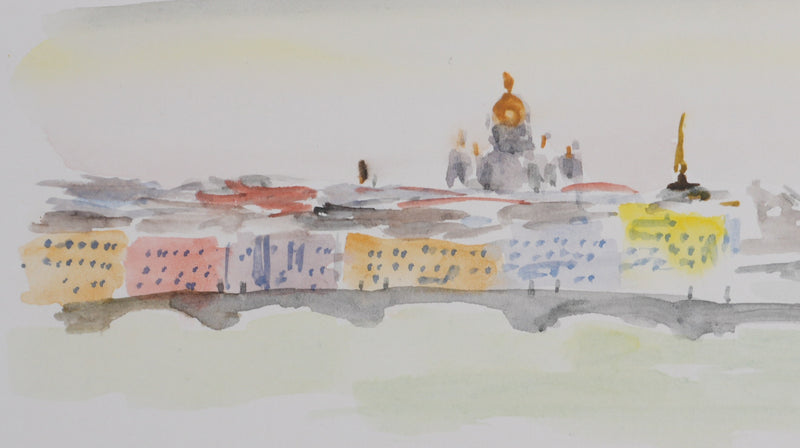 Camille COMBE : La ville aux ponts, Aquarelle originale signée