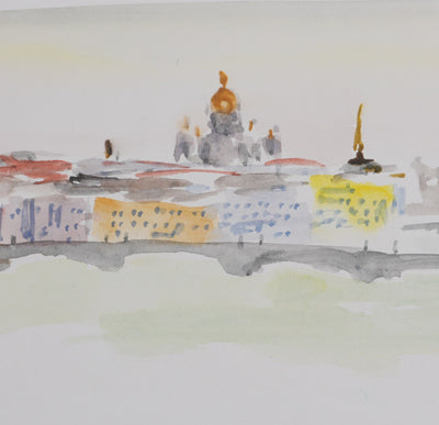 Camille COMBE : La ville aux ponts, Aquarelle originale signée
