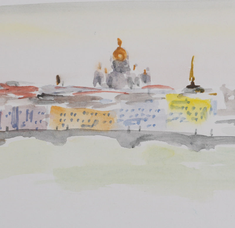 Camille COMBE : La ville aux ponts, Aquarelle originale signée