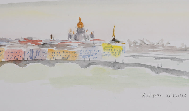 Camille COMBE : La ville aux ponts, Aquarelle originale signée
