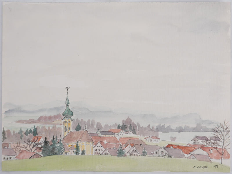 Camille COMBE : Vue sur Seehausen, Aquarelle originale signée