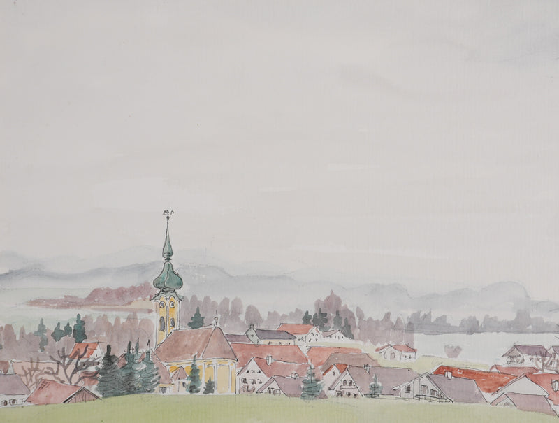 Camille COMBE : Vue sur Seehausen, Aquarelle originale signée