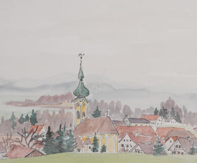 Camille COMBE : Vue sur Seehausen, Aquarelle originale signée