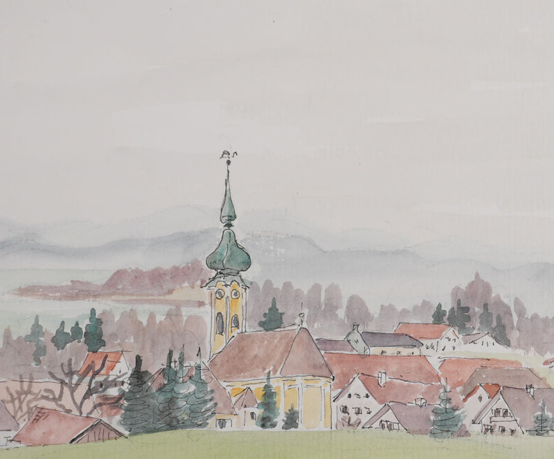 Camille COMBE : Vue sur Seehausen, Aquarelle originale signée