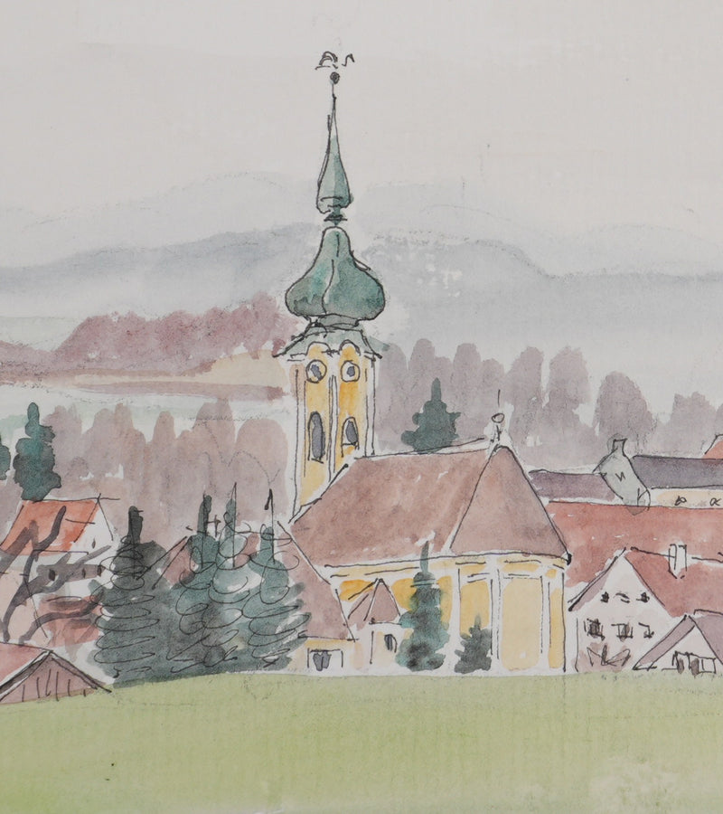 Camille COMBE : Vue sur Seehausen, Aquarelle originale signée