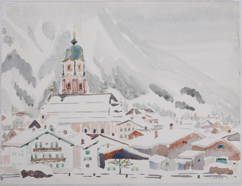 Camille COMBE : Le village au pied de la montagne, Aquarelle originale signée