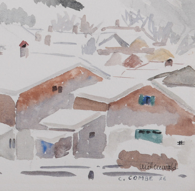Camille COMBE : Le village au pied de la montagne, Aquarelle originale signée