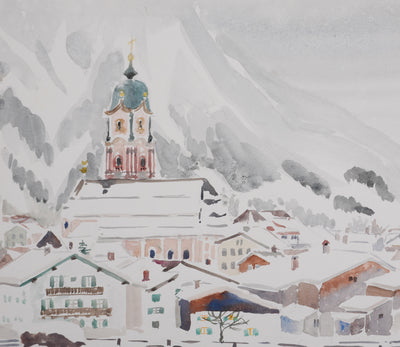 Camille COMBE : Le village au pied de la montagne, Aquarelle originale signée