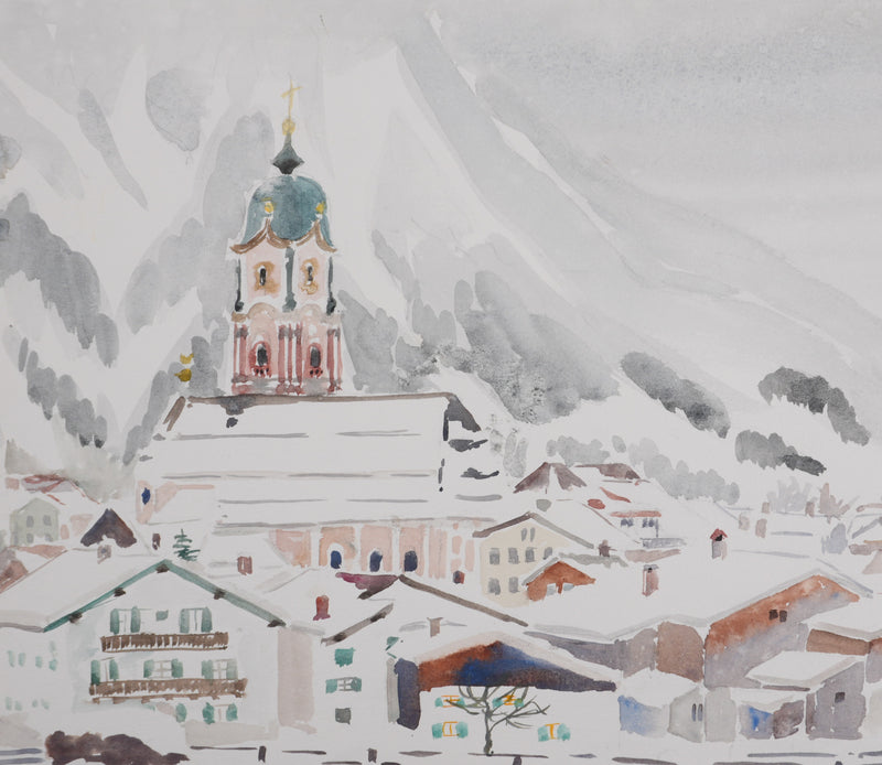 Camille COMBE : Le village au pied de la montagne, Aquarelle originale signée