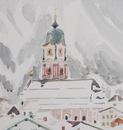 Camille COMBE : Le village au pied de la montagne, Aquarelle originale signée