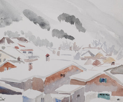 Camille COMBE : Le village au pied de la montagne, Aquarelle originale signée