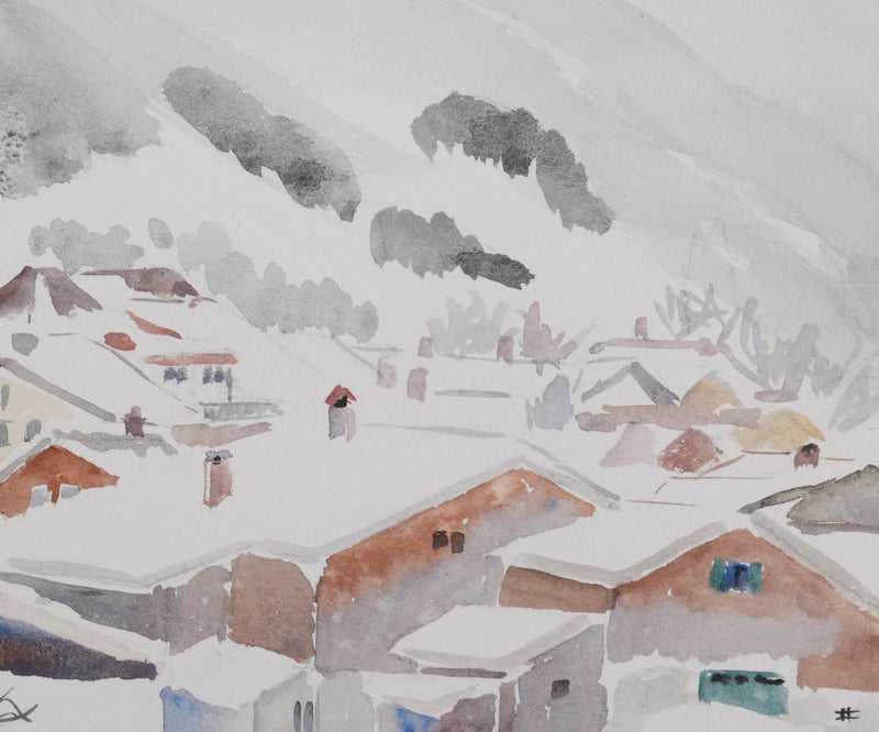 Camille COMBE : Le village au pied de la montagne, Aquarelle originale signée